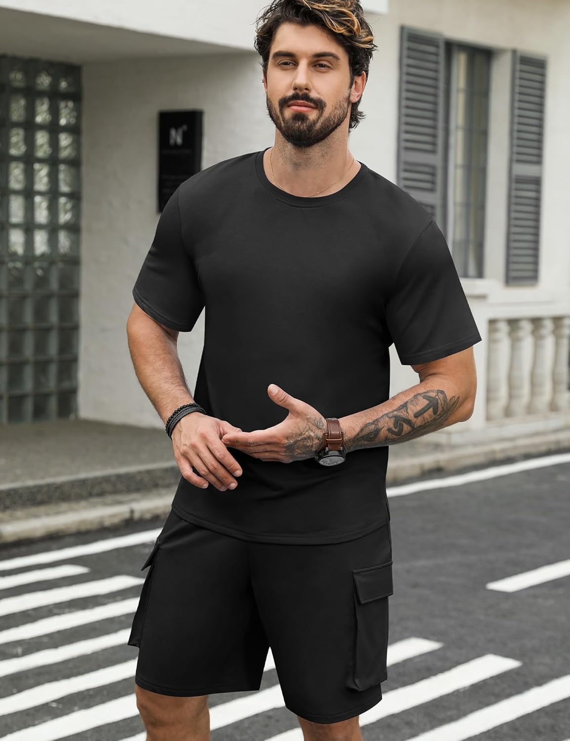 Babioboa Mens Short Sets 2 Piece Outfits Short Sleeve Crewneck Summer T Shirt and Drawstring Casual Track Shorts Set - Image 3