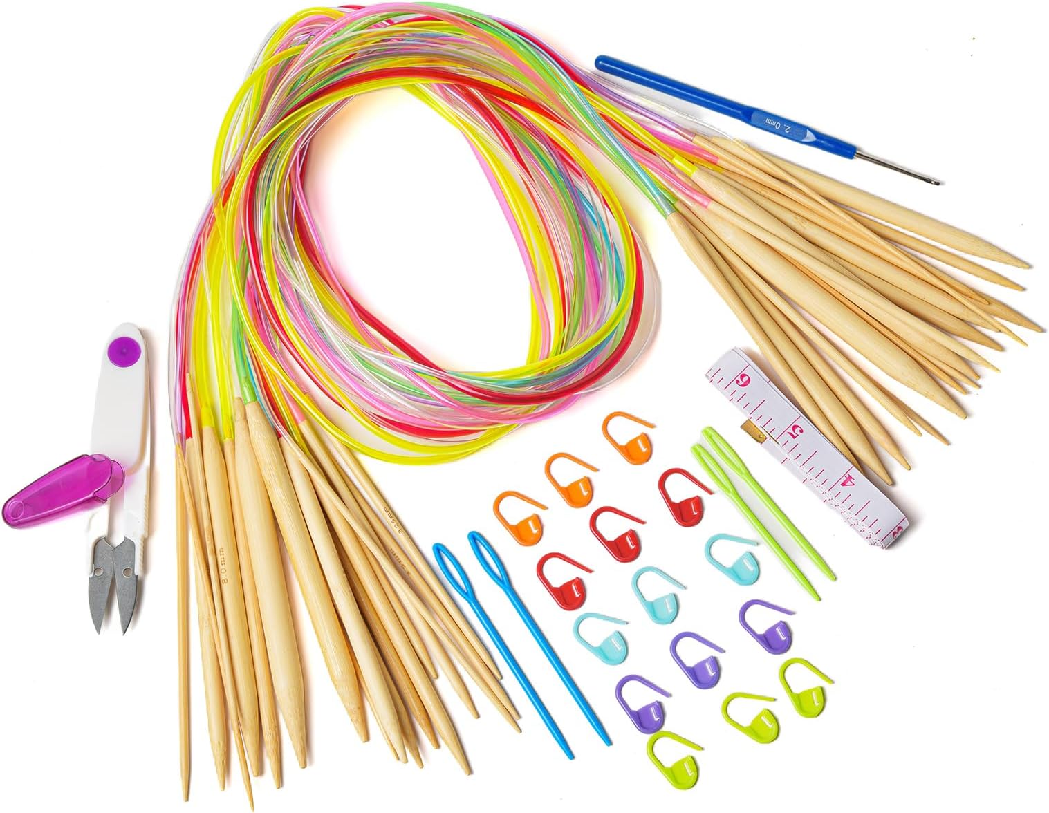 Ring Needles Set, Knitting Needles, Colored Tubes, Round Knitting Needles Set, 18 Pieces, 0.08 - 0.4 inches (2.0 - 10.0 mm), Bamboo Needles, Needle Needles, Knitting Needles, Hand Knitting Tools