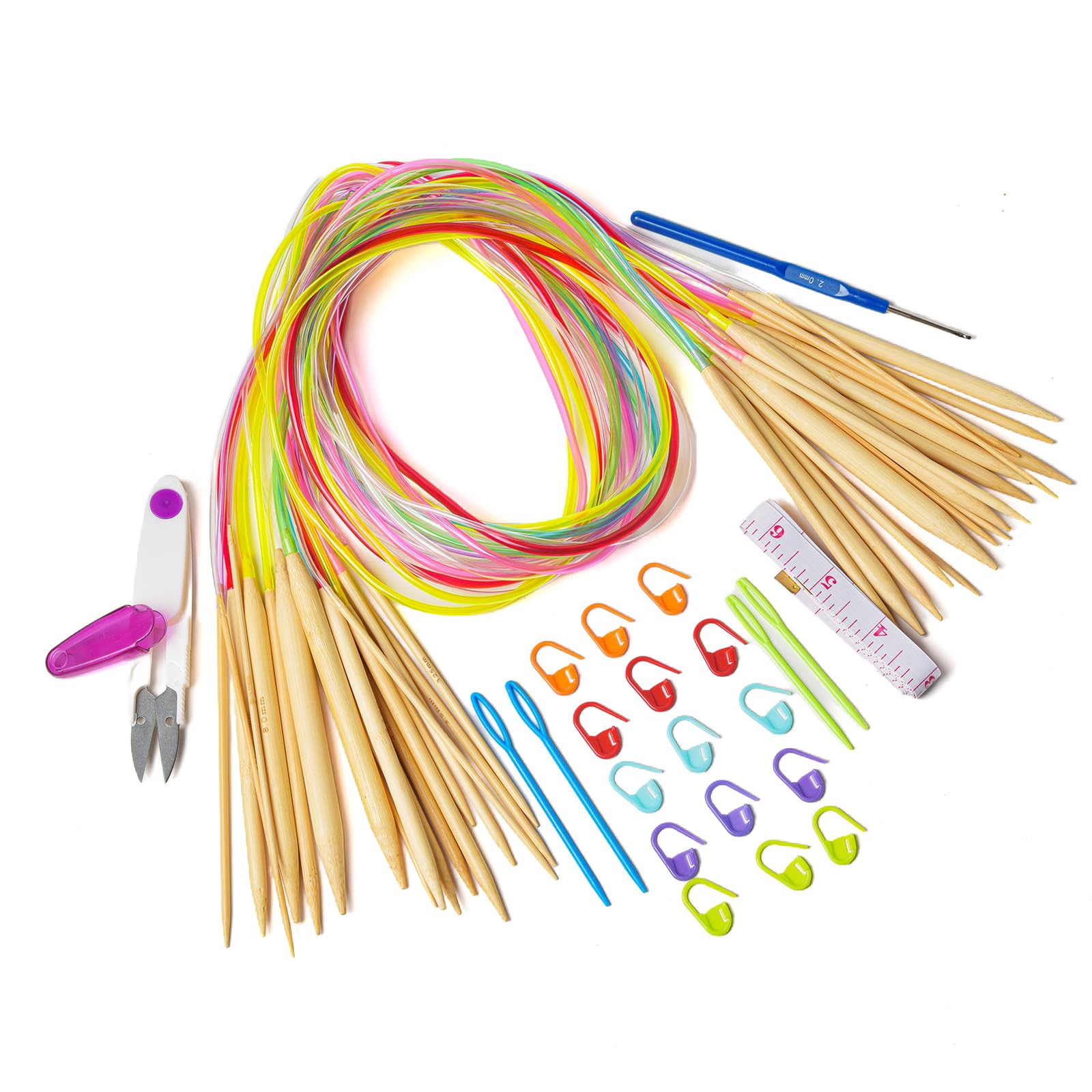 Ring Needles Set, Knitting Needles, Colored Tubes, Round Knitting Needles Set, 18 Pieces, 0.08 - 0.4 inches (2.0 - 10.0 mm), Bamboo Needles, Needle Needles, Knitting Needles, Hand Knitting Tools