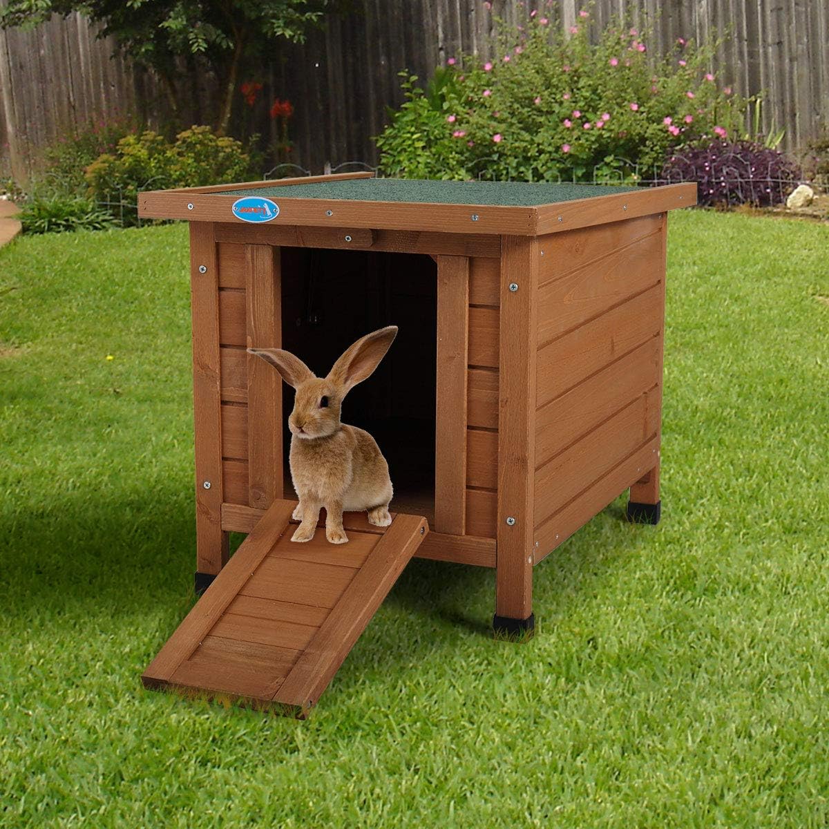 Outdoor Wooden Rabbit Cat Dog Hutch Retreat House for Small Pets with Openable Roof and Ramp Door, Weatherproof (Brown)
