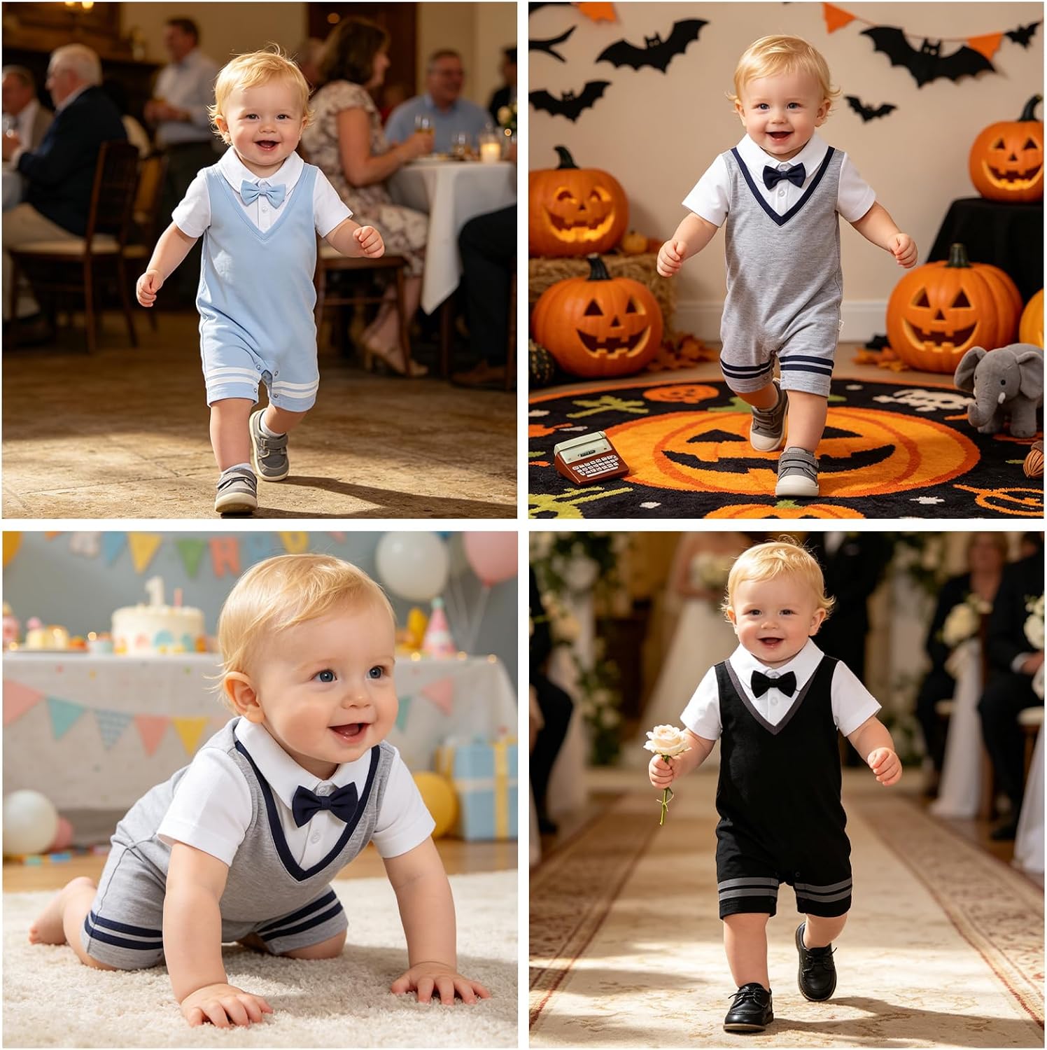 Baby Boys Romper 100% Cotton Bow Tie Jumpsuit 0-18M