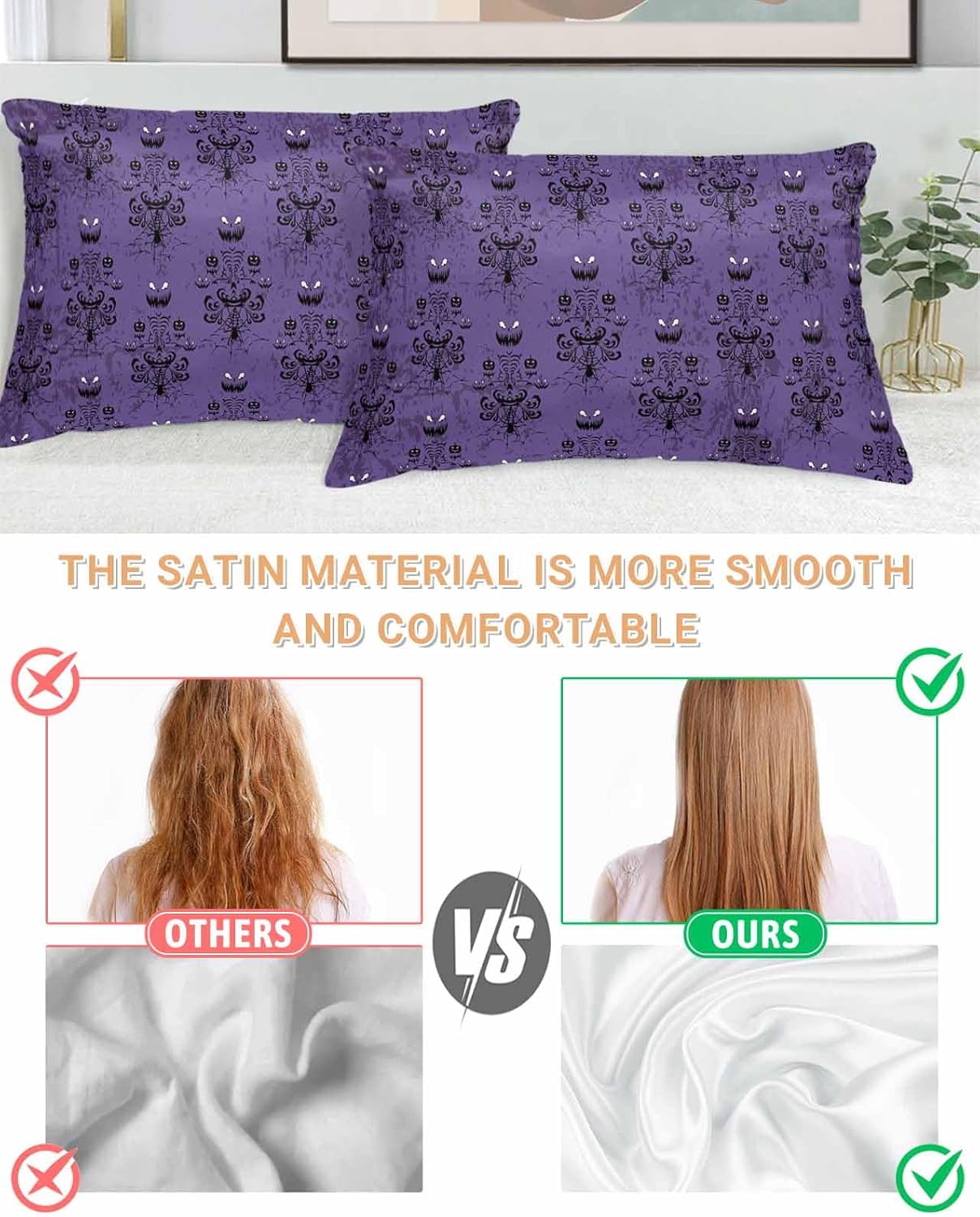 Satin Pillowcase for Hair and Skin, Halloween Haunted Ghost House Mansion Spider Silky Pillow Cases King Size with Zipper 2 Pack Soft Cooling Pillow Cover for Women Men, 20''x36''