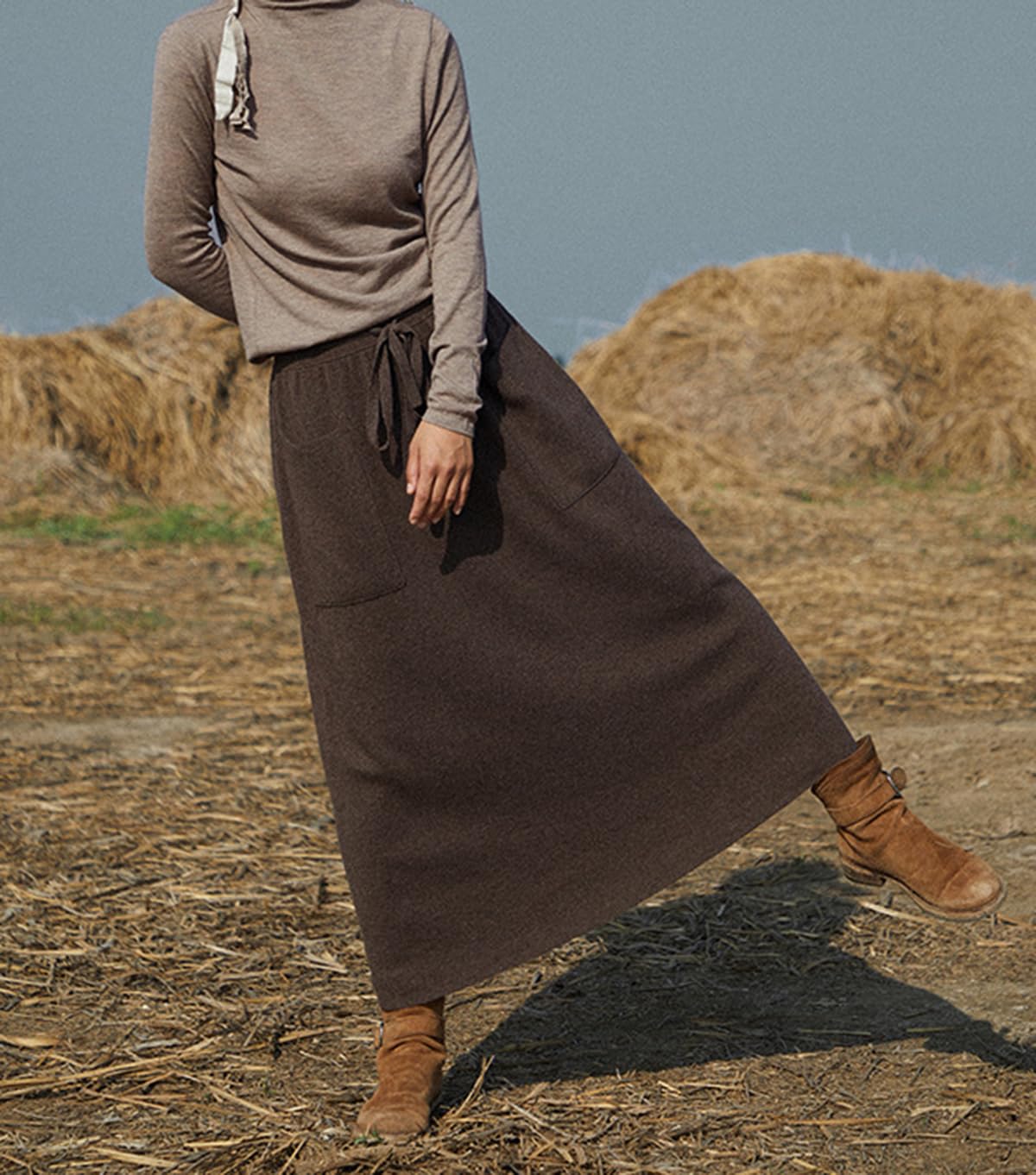 Falda Larga de Lana para Mujer con Bolsillos Cintura Elastica Cálida Falda Midi Plisada Invierno Otoño