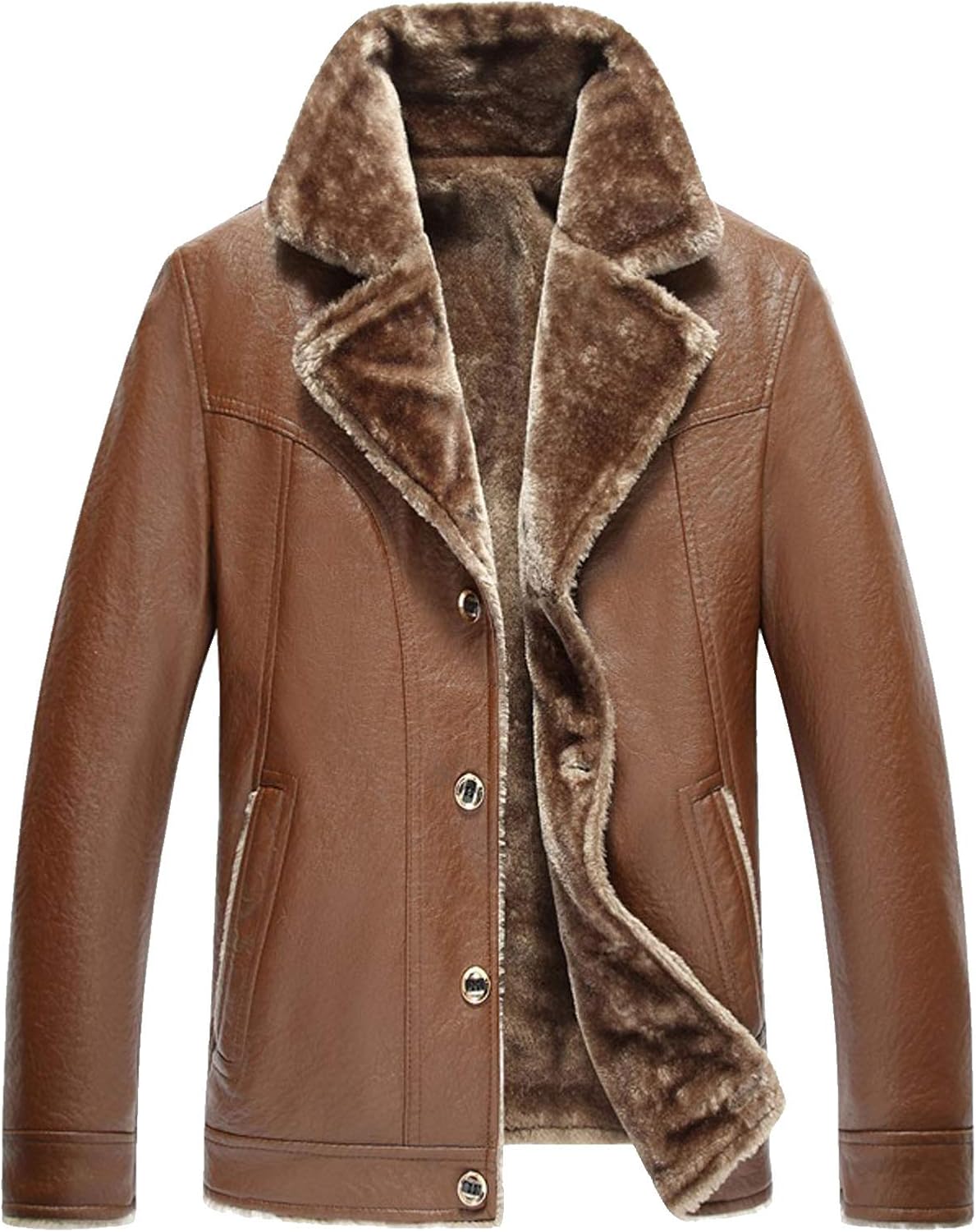 Flygo Men Thick Faux Sherpa Fleece Lined Leather PU Moto Biker Jacket Coat with Button (Large, Brown)