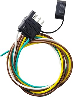 4핀 5 와이어 트레일러 배선 하네스 14AWG 순수 구리 와이어 63.5cm(25인치) | 먼지 커버가 있는 트레일러 조명 플러그, Y-Split 디자인 4핀 플랫 트레일러 커넥터, 유틸리티 재배선 양면 후미등
