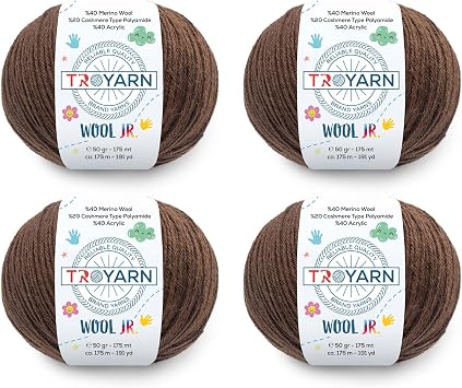 Troyarn Wool Jr 4- Skeins Pack 40% Merino Wool%20 Cashmere%40 AcrylicThread Weight #1 Soft Knitting and Crochet Yarn for Crocheting and Knitting 4 x 1.76 oz / 4 x 191 Yds 11107 - Brown