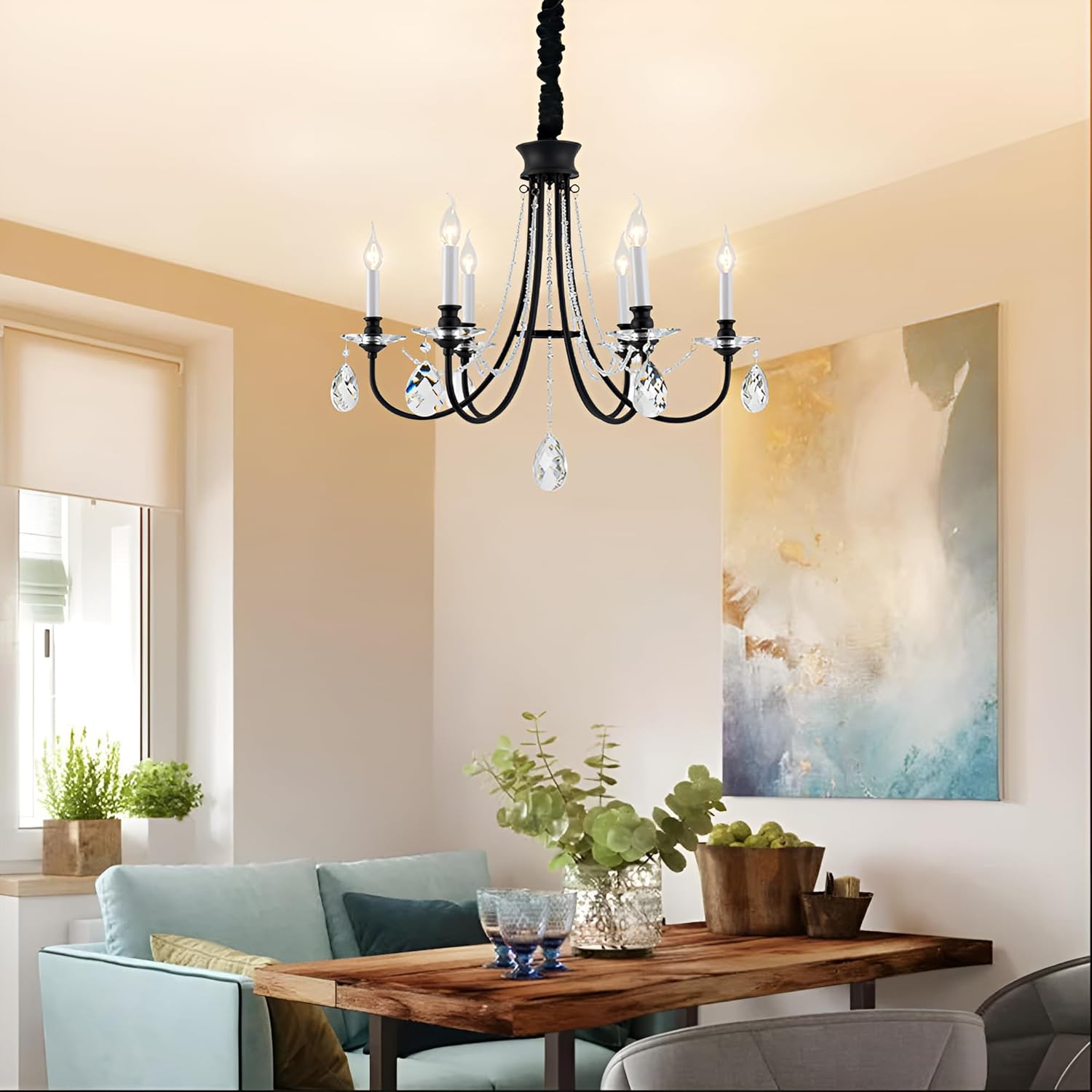 6-Light Black Crystal Chandelier, Farmhouse Vintage French Country Chandelier with Crystal Accents for Dining Room, Bedroom, Foyer – Rustic Black Metal Chandelier with Adjustable Chain