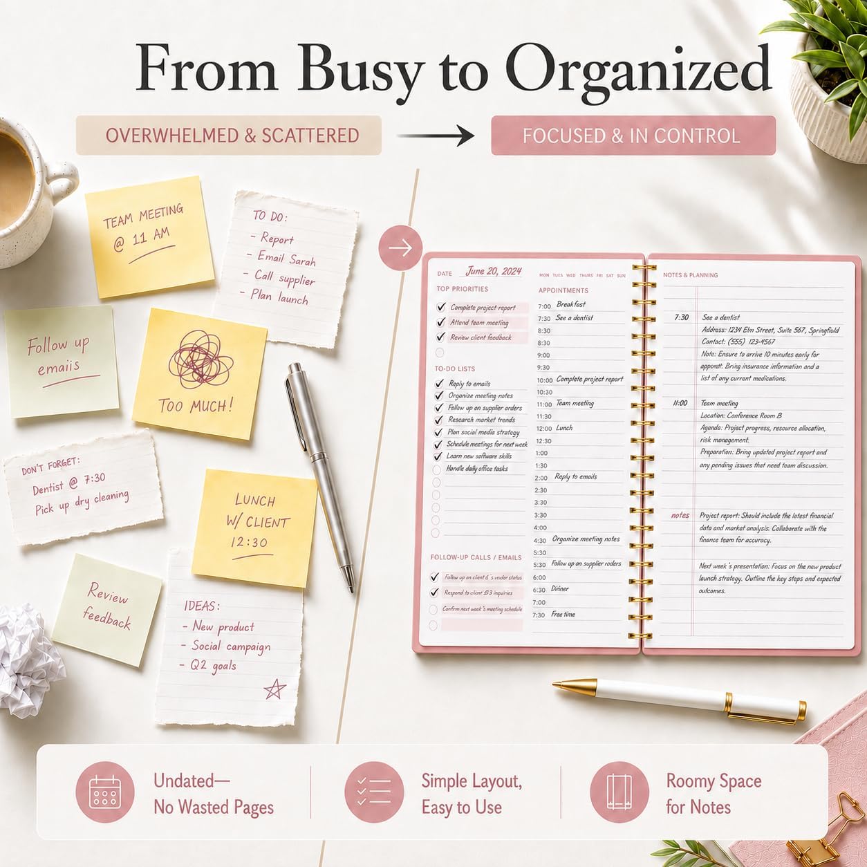 Daily Planner with Hourly Schedules, 5.5" x 8.5" - Pink thumbnail