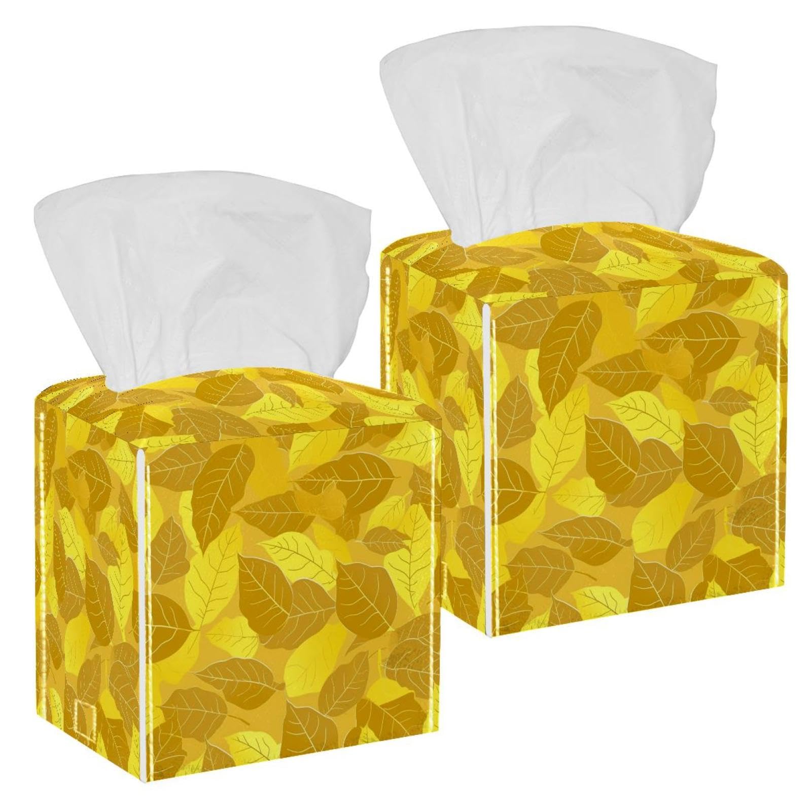 Artistic Leaves Tissue Box Cover, 2 Pack PU Leather Square Facial Tissue Dispenser Box holder for Home Office Car