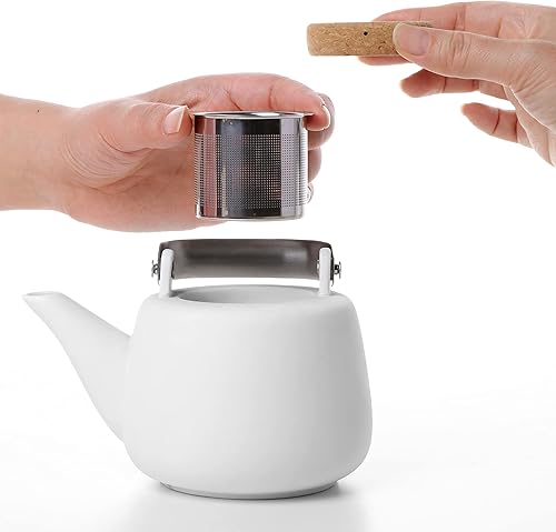 Miniatura 2 de VIVA Nicola - Tetera de porcelana blanca estilo japonés, 40 onzas  1.18 L con malla infusor de té de hojas sueltas, filtro y mango de acero