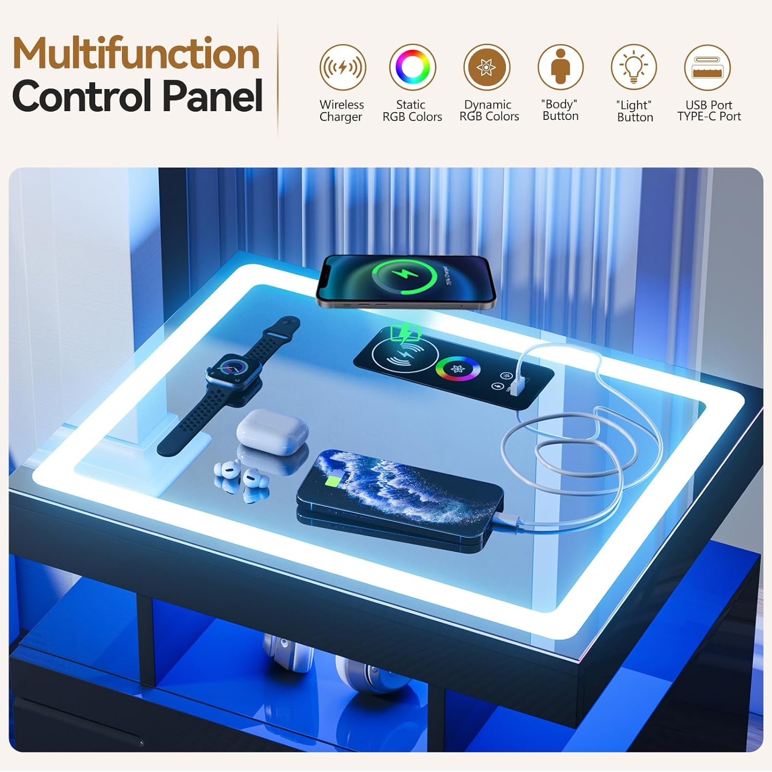 Close-up of the nightstand's top surface showing the integrated wireless charger, USB and Type-C ports, and touch controls for RGB lighting and body sensor.