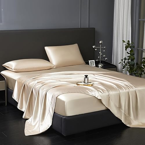 Miniatura 2 de Revdomfly Juego de sábanas de satén caqui suave y sedoso de 4 piezas de tamaño matrimonial, 1 sábana bajera de alta calidad que absorbe la humedad