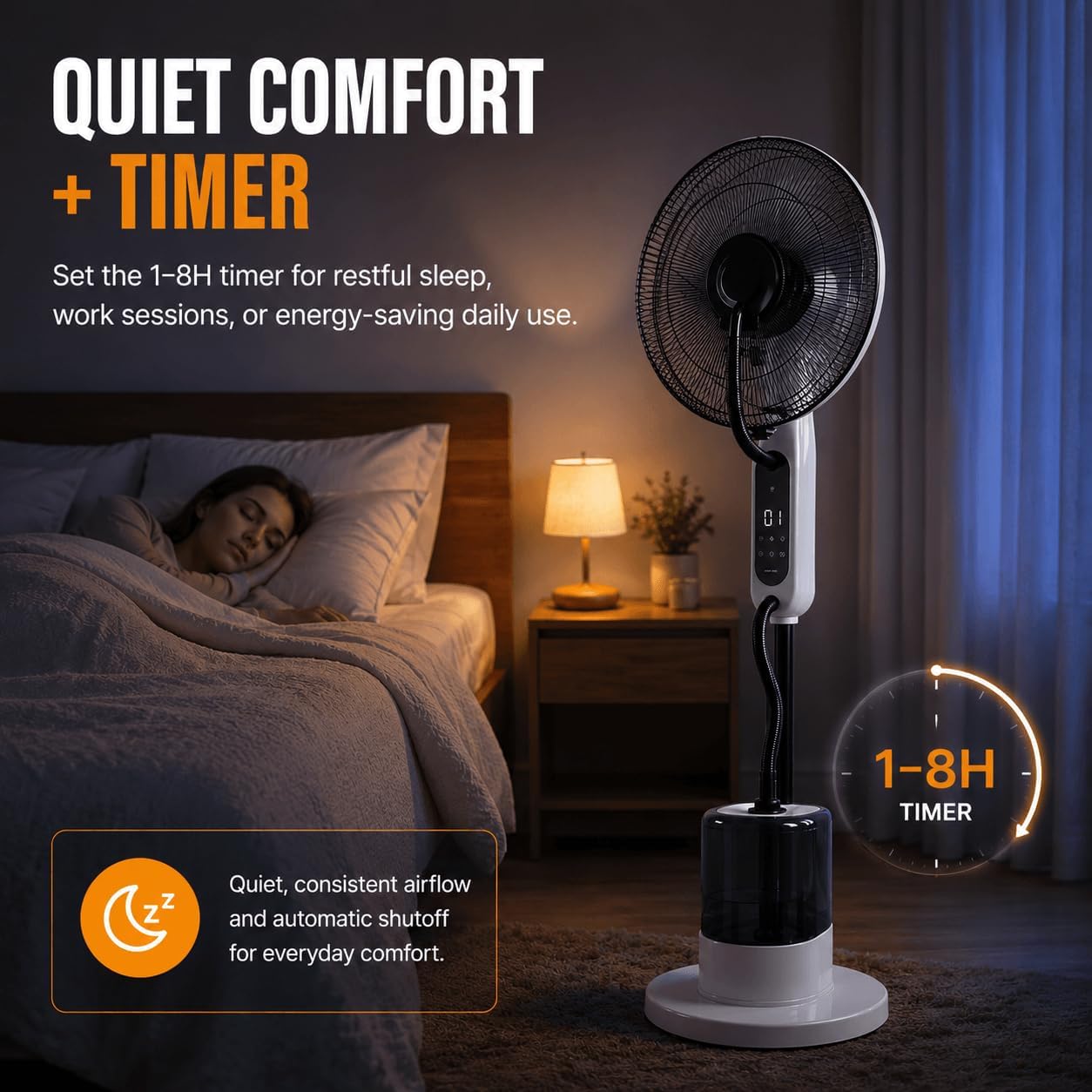 16" Touch Control Misting Pedestal Fan with LED Display | Oscillating stand fan with 12 speeds, 3 mist levels, 1-8H timer, and 4L water tank for home, office, or bedroom use.