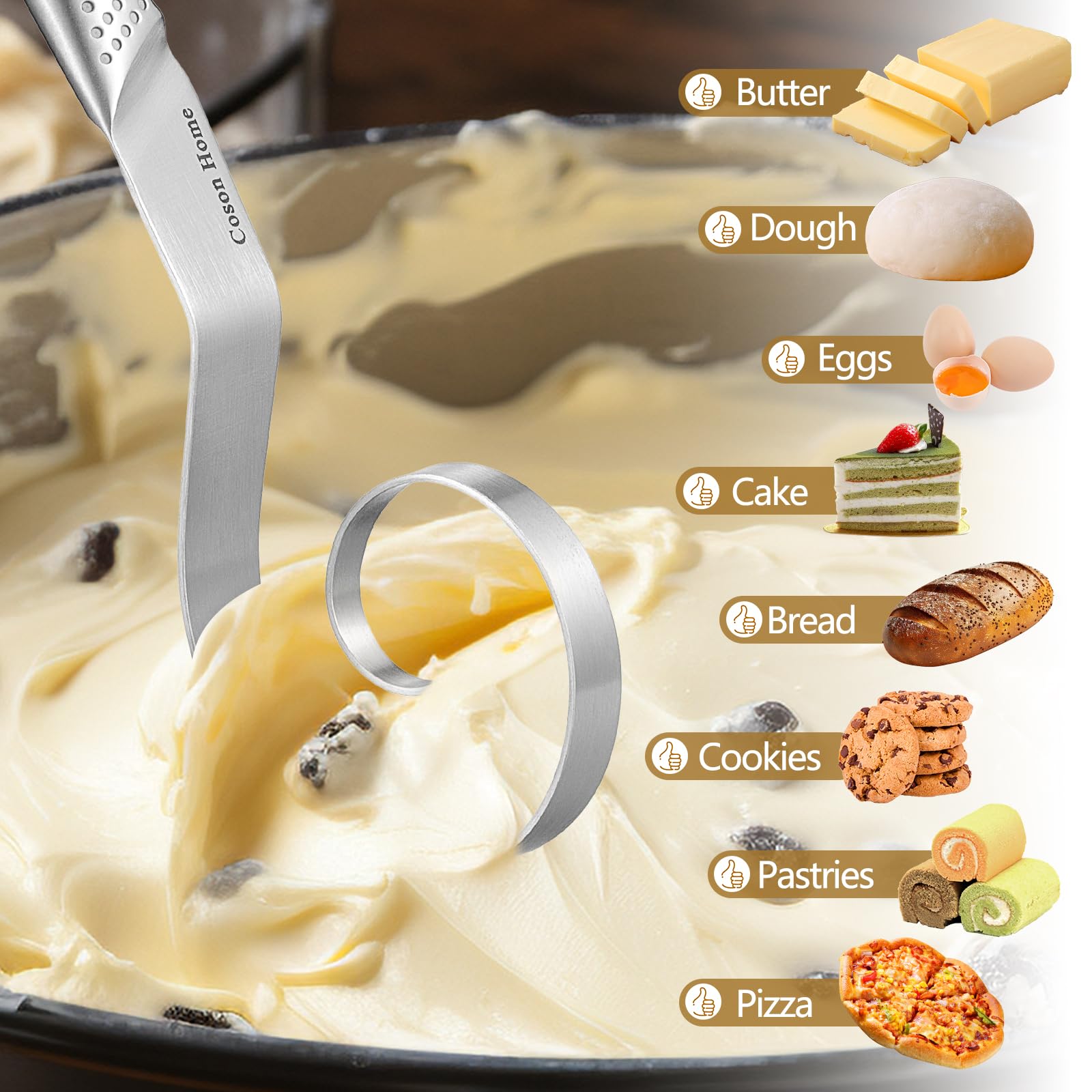 Batidor de masa danés sin costuras, suministros de pan de masa madre para mezclar a mano, herramienta de hornear para hornear, tarro de inicio, acero inoxidable 18/8, súper fácil de