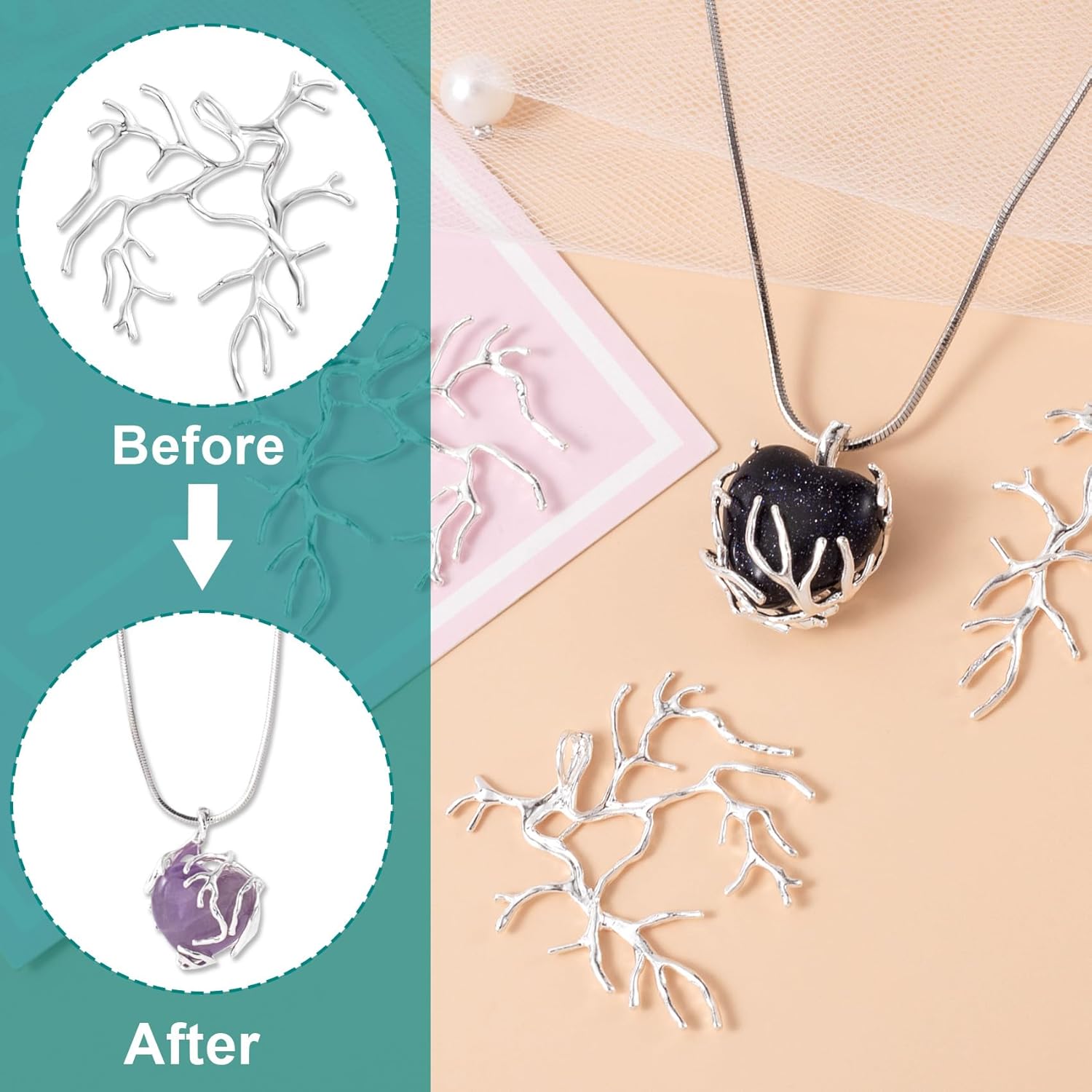 4pcs Branch Shape Blanks for Jewelry Making, Hypoallergenic Brass Claw Pendant Trays, Adjustable Branch Base Prong Pendant Bezels for Necklace Bracelet Earrings DIY Crafts- Silver - Image 4