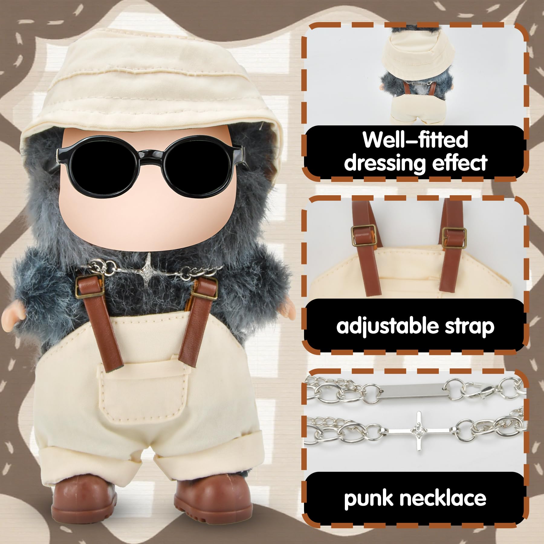 White Doll Clothes Set for 17cm Dolls Pink Push Toy Outfit Accessories with Romper,Bucket Hat, Shoes, Cross Necklace - Image 3