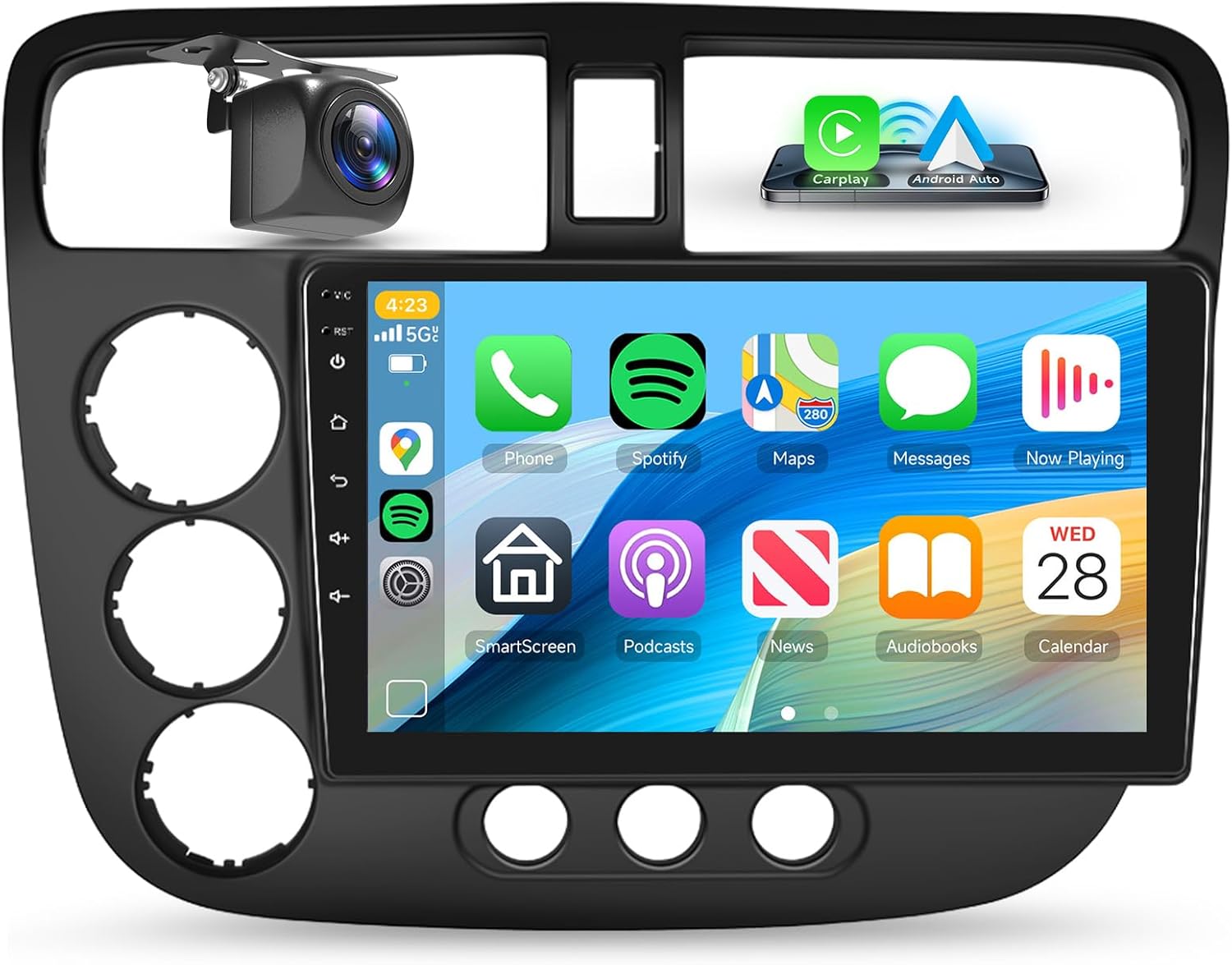 【4G+64G】 for Honda Civic 2001-2005 Android Car Radio Stereo with Wireless CarPlay Android Auto,9 inch IPS Touchscreen Car Stereo Bluetooth5.0, GPS, WiFi, SWC,59UI,32EQ AI DSP + HD Backup Camera