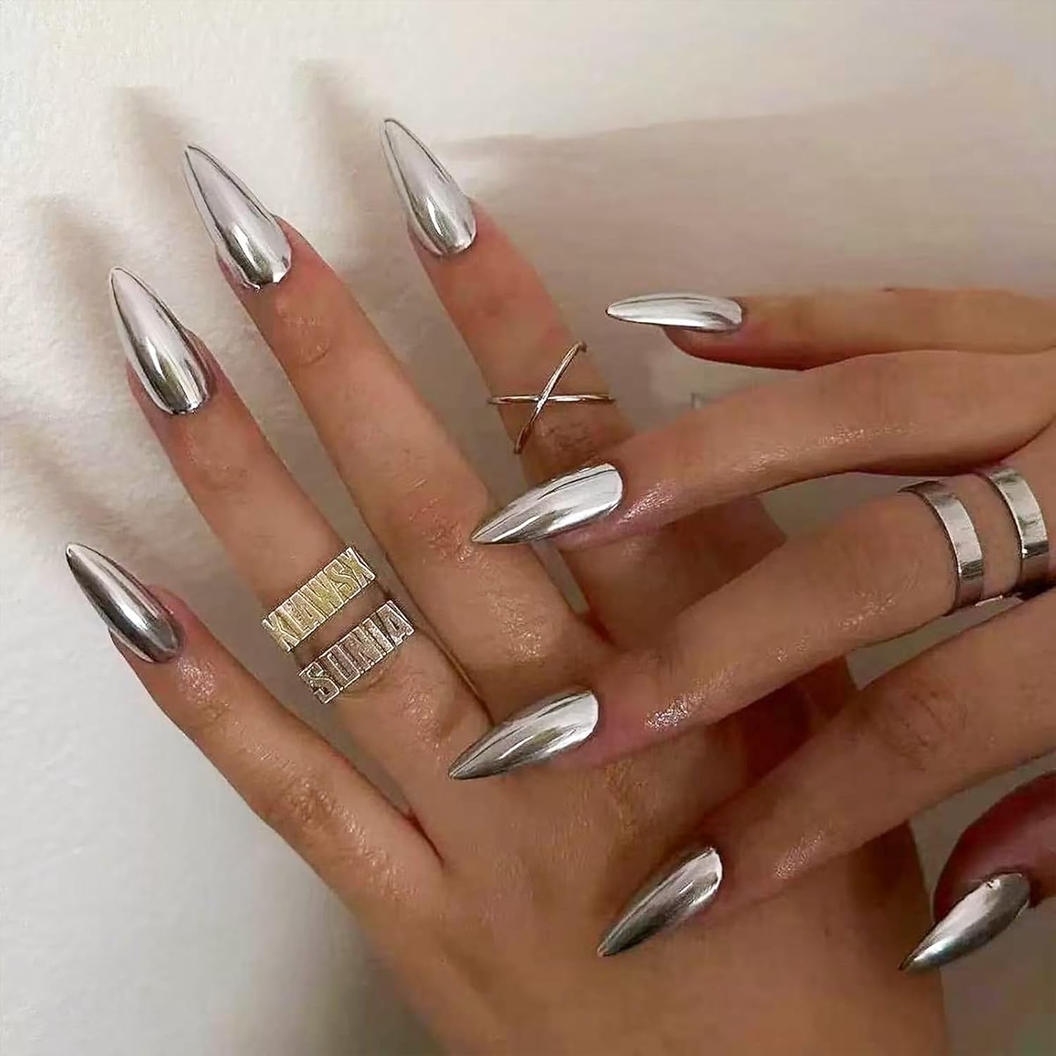 Silver Press on Nails Medium Almond Fake Nails Metal Chrome False Nails Glossy Silver Mirror Acrylic Nails Reusable Full Cover Holographic Glue on Nail for Women Nail Decorations 24Pcs