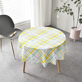 Round Tablecloth for Outdoor Garden Tables, Chickwin Plaid Fitted Table Cloth Wipe Clean Waterproof Dust-Proof Polyester Table Cover Table Protector (Yellow stars,100cm)