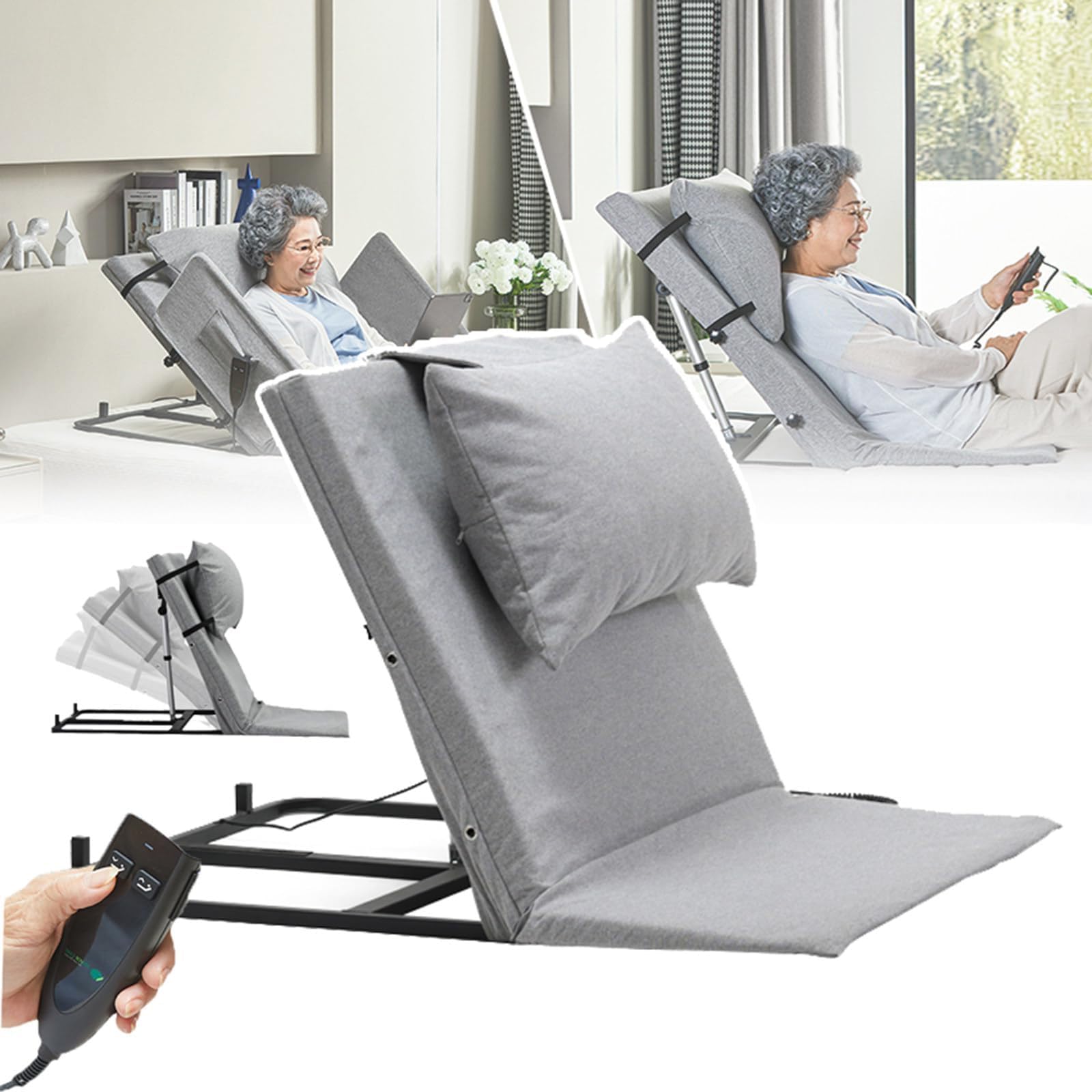 Portable Electric Lifting Bed Backrest with Remote Control, 2-65° Adjustable Power Lifting Backrest, for Sitting Up for Neck Lumbar Back, Washable Cushion & Headrest(75 * 120cm)