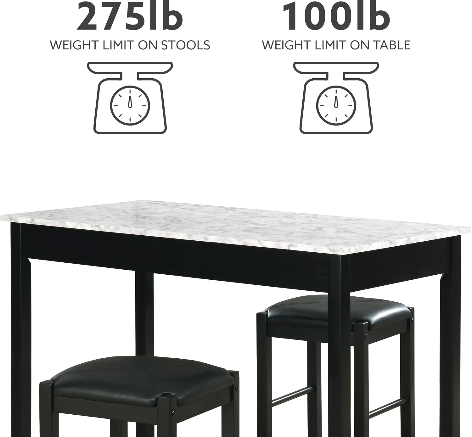 Space Saving Design, Black Finish, Faux Leather Seats, 36 Inch Counter Height Table