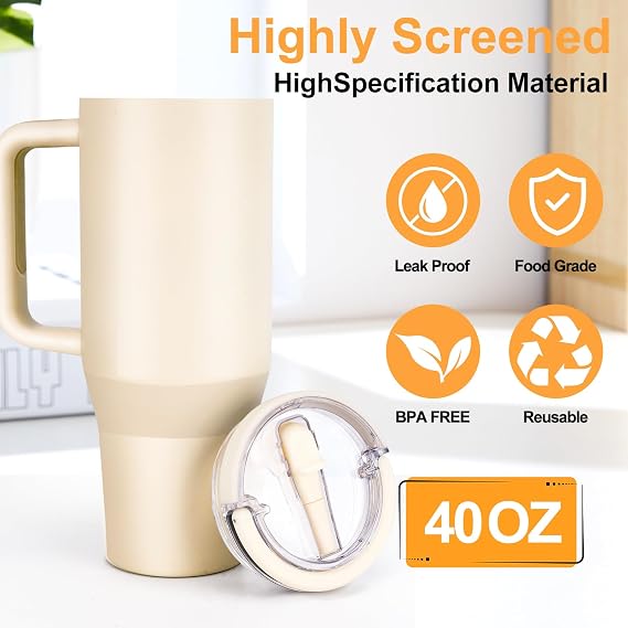2 Pack 40 oz Tumbler Flip Straw Lid Replacement fit for Stanley Quencher, Leak-Proof Splash Resistant Tumbler Lids with Handle,Reusable Tumbler Cover for Stanley Cup (Cream White)