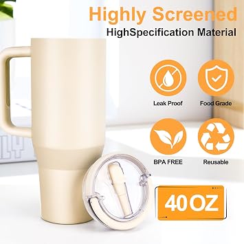 2 Pack 40 oz Tumbler Flip Straw Lid Replacement fit for Stanley Quencher, Leak-Proof Splash Resistant Tumbler Lids with Handle,Reusable Tumbler Cover for Stanley Cup (Cream White)