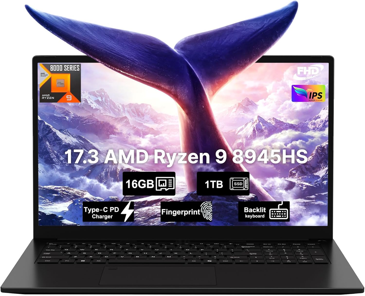 17.3 Gaming-Laptop Ryzen 9 8945HS (>i9-13900H) 16GB RAM, 1TB SSD, Radeon 780M, PD 100W USB-C 4.0 AI-Enhanced for Copilot VR Ready Backlit KB Fingerprint Unlock, Gaming Student Office Business