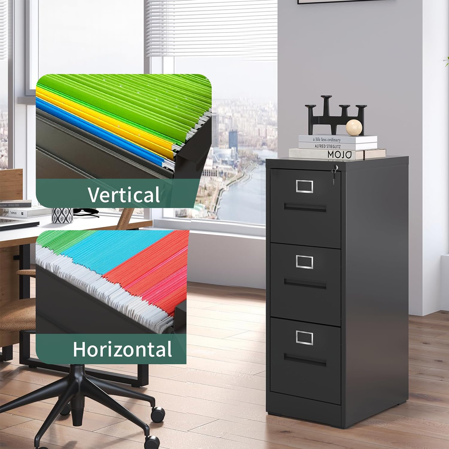 3 Drawer Vertical File Cabinet for Home Office, Metal Filing Cabinet with Lock for Legal/Letter Size Hanging File Folders, Anti-Tipping, Assembly Required (Black)