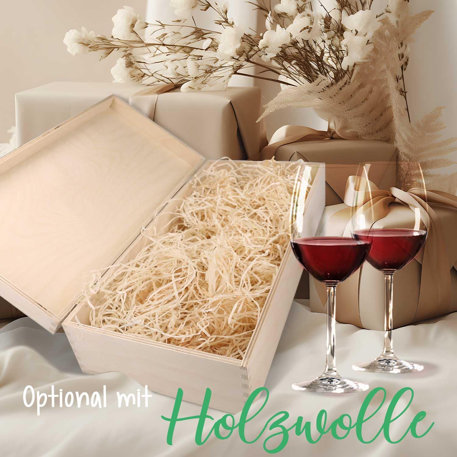 GRAVURZEILE Leonardo Weingläser mit Gravur von Namen & Datum - Flower Wedding - als Geschenk zur Hochzeit, Verlobung oder zum Jahrestag - das Hochzeitsgeschenk - Daily Flower Design mit Holzkiste