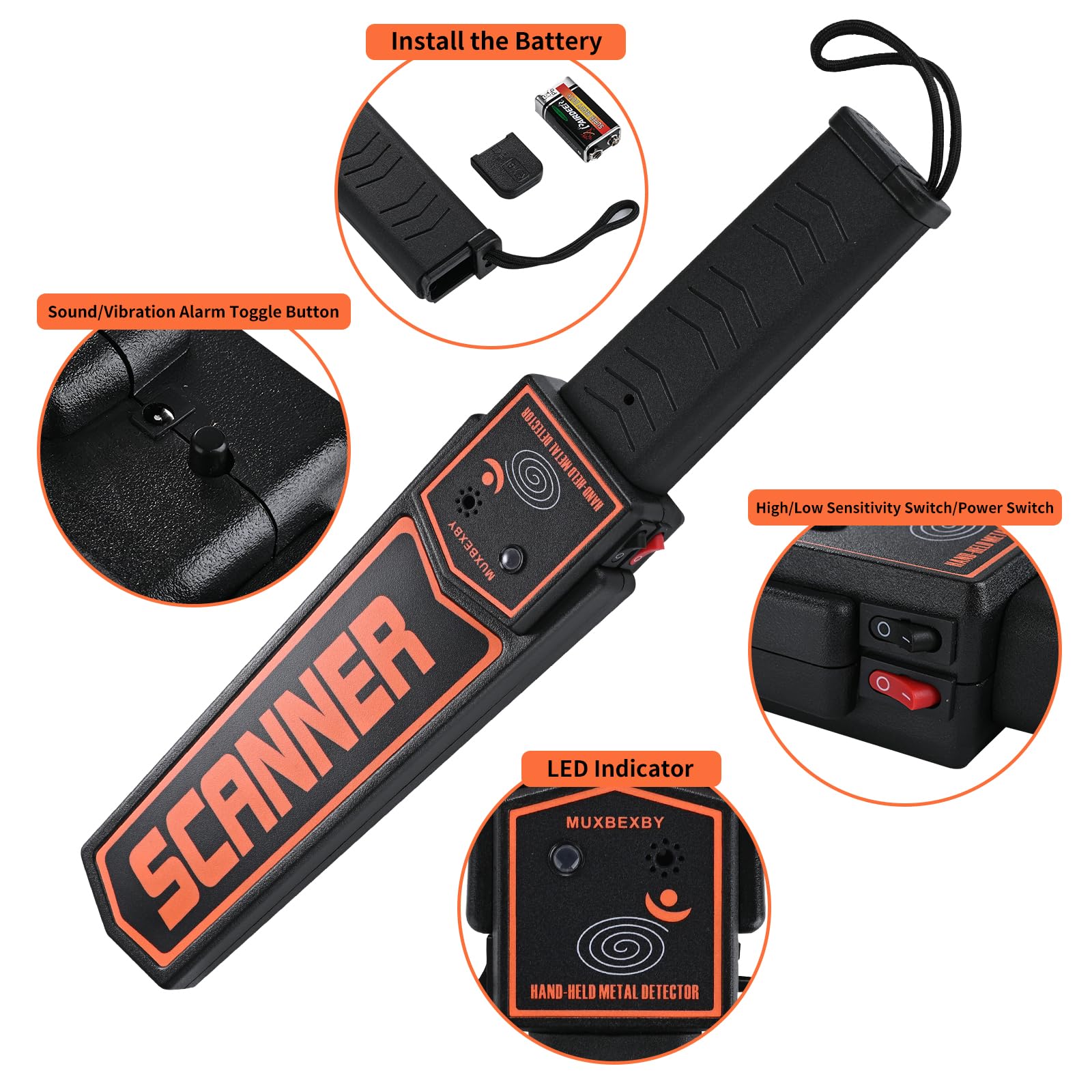 Escáner de metales de seguridad profesional, varita detector de metales de mano para adultos, escaneo de sensibilidad ajustable, con batería de 9 V, comprobación de metales portátil de alta seguridad