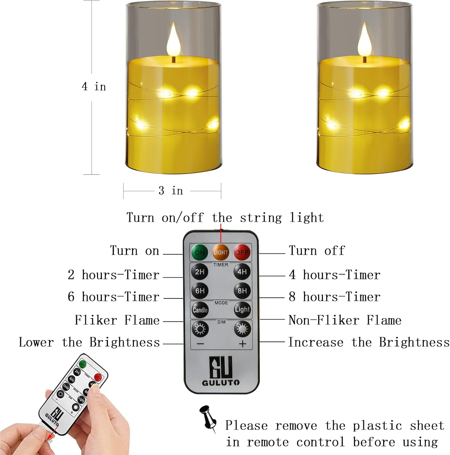 Flameless LED Candles, Non-breakable Battery Operated Candles with Embedded Star String, D 3"×H 4", Set of 2, Flickering Pillar Candle with Remote and Timer for Birthday Home Decoration (Grey)