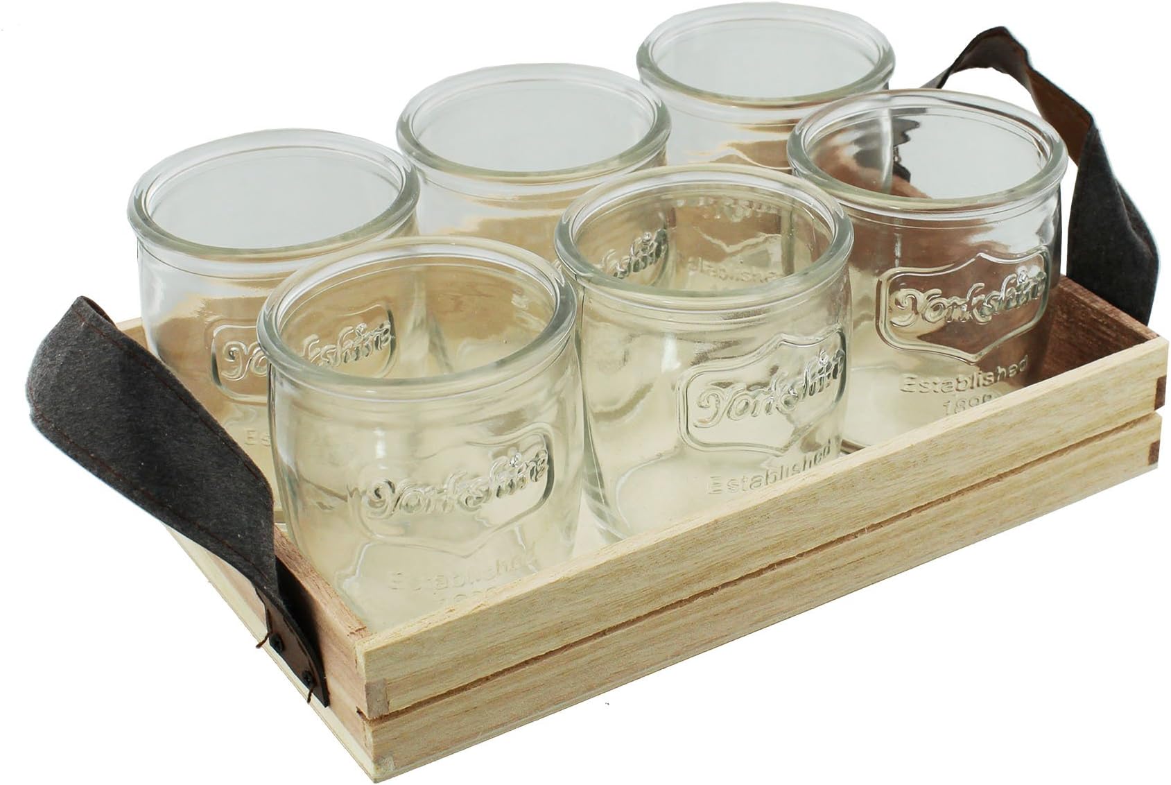 Yorkshire Classic Collection - 6 Traditional shot glasses Jars & wooden display trayTray