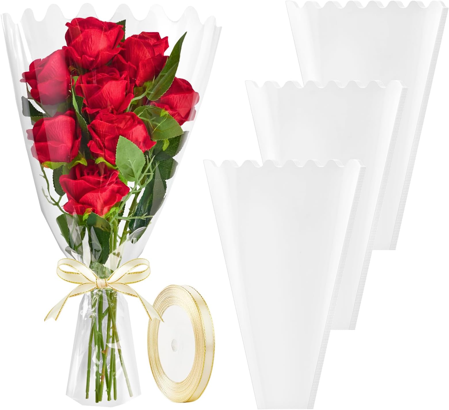 100 Pack Clear Flower Bags for Bouquets, Cellophane Floral Bouquet Sleeves with Wave Edges and Ribbons for Mother's Day Wedding Florist Supplies (18 x 12 Inches)