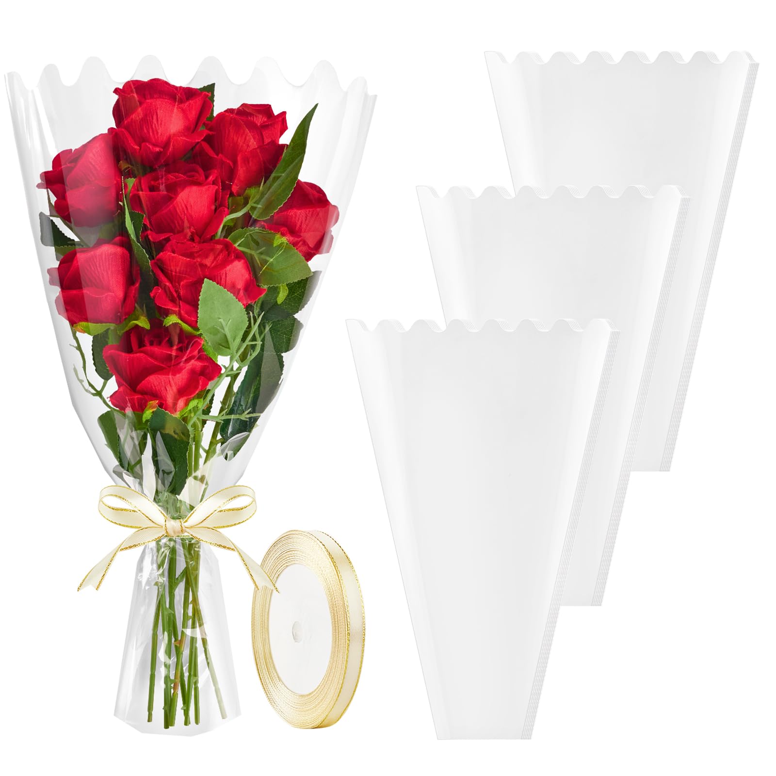100 Pack Clear Flower Bags for Bouquets, Cellophane Floral Bouquet Sleeves with Wave Edges and Ribbons for Mother's Day Wedding Florist Supplies (18 x 12 Inches)