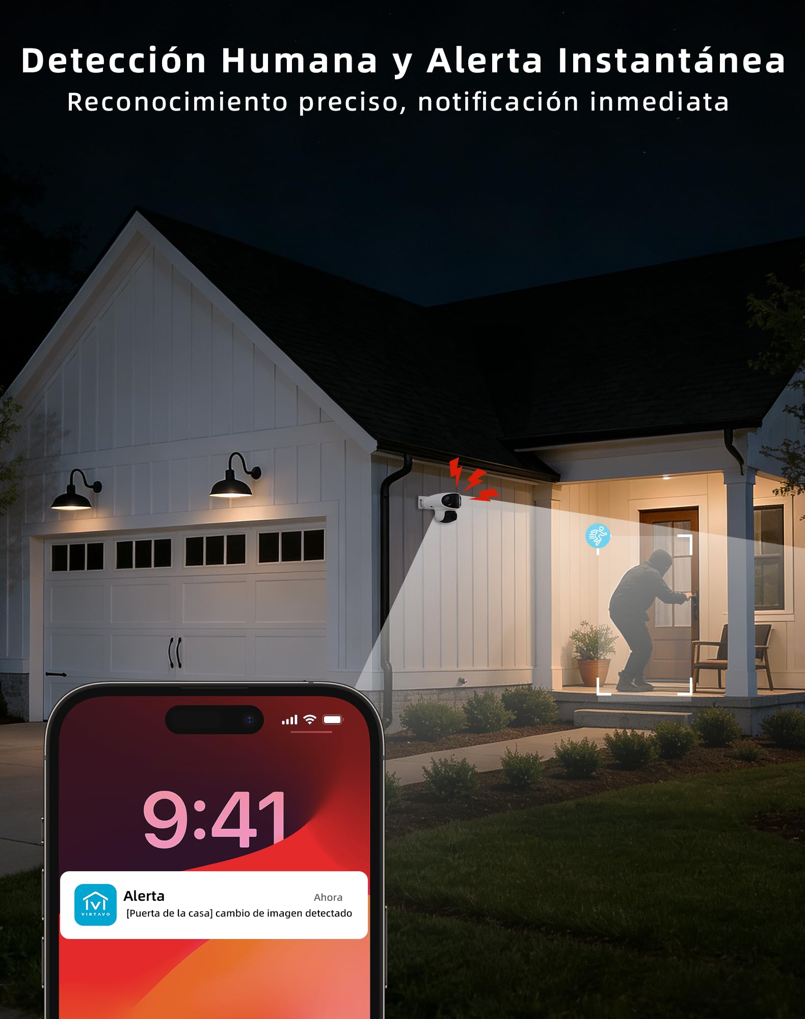 VIRTAVO Cámara de Vigilancia Exterior Tres Ojos, WiFi HD 1080P Visión Nocturna a Color, Audio Bidireccional, Detección PIR, Almacenamiento Nube/Tarjeta SD, Compatible con Alexa 2.4GHz