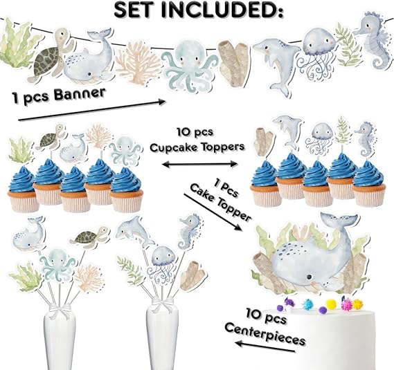 Underwater Party Decor Set - Magical Ocean Adventure Kit for Birthdays & Baby Showers, Includes Banners, Centerpieces, Cupcake Toppers