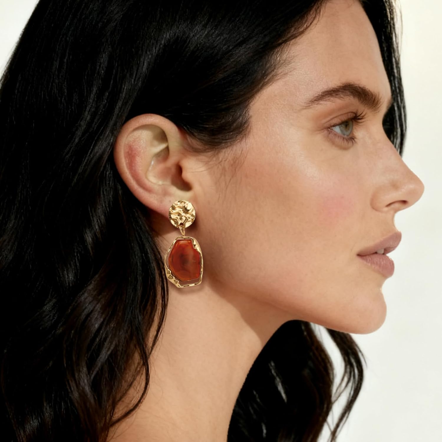 Dr's gift Brown Crystal 14K Gold Plated Statement Earrings for Women Drop Dangle Chunky 14K Gold Plated Earrings with Irregular Brown Stone Trendy Vintage Jewelry - Image 3