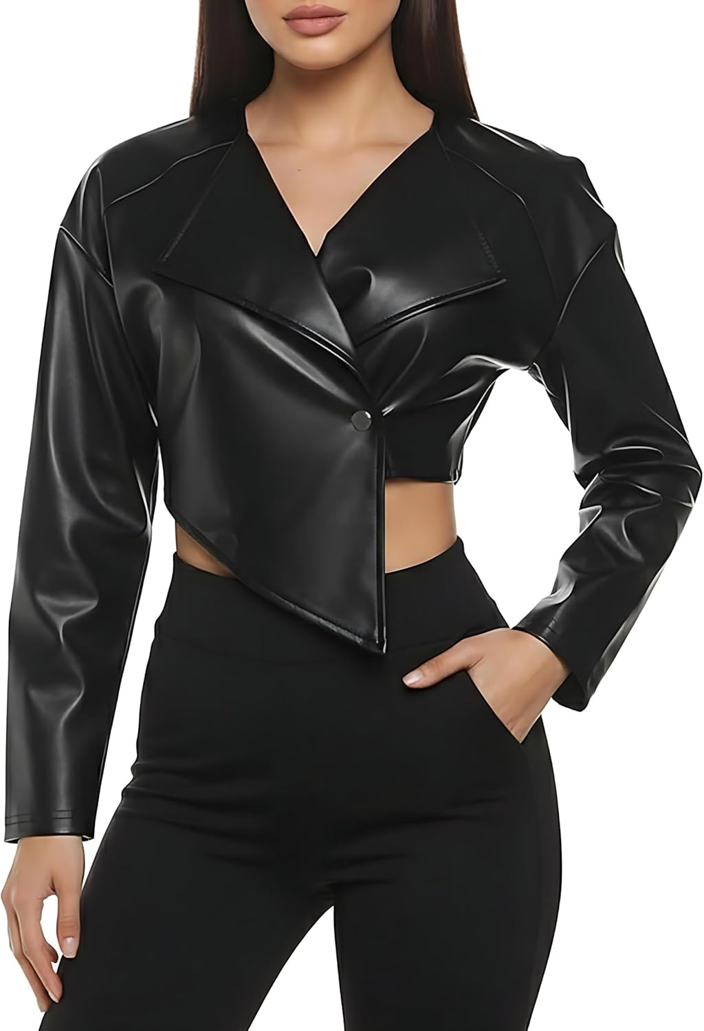 Akmipoem Faux Leather Jacket Women Cropped Asymmetrical Lapel PU Short Jacket Club Outfits - Image 2