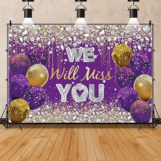 We Will Miss You Backdrop Banner Retirement Graduation Decorations Going Away Party Purple and Gold Balloons Sliver Diamonds Photography Background Men Women Colleague Farewell Anniversary 7x5ft