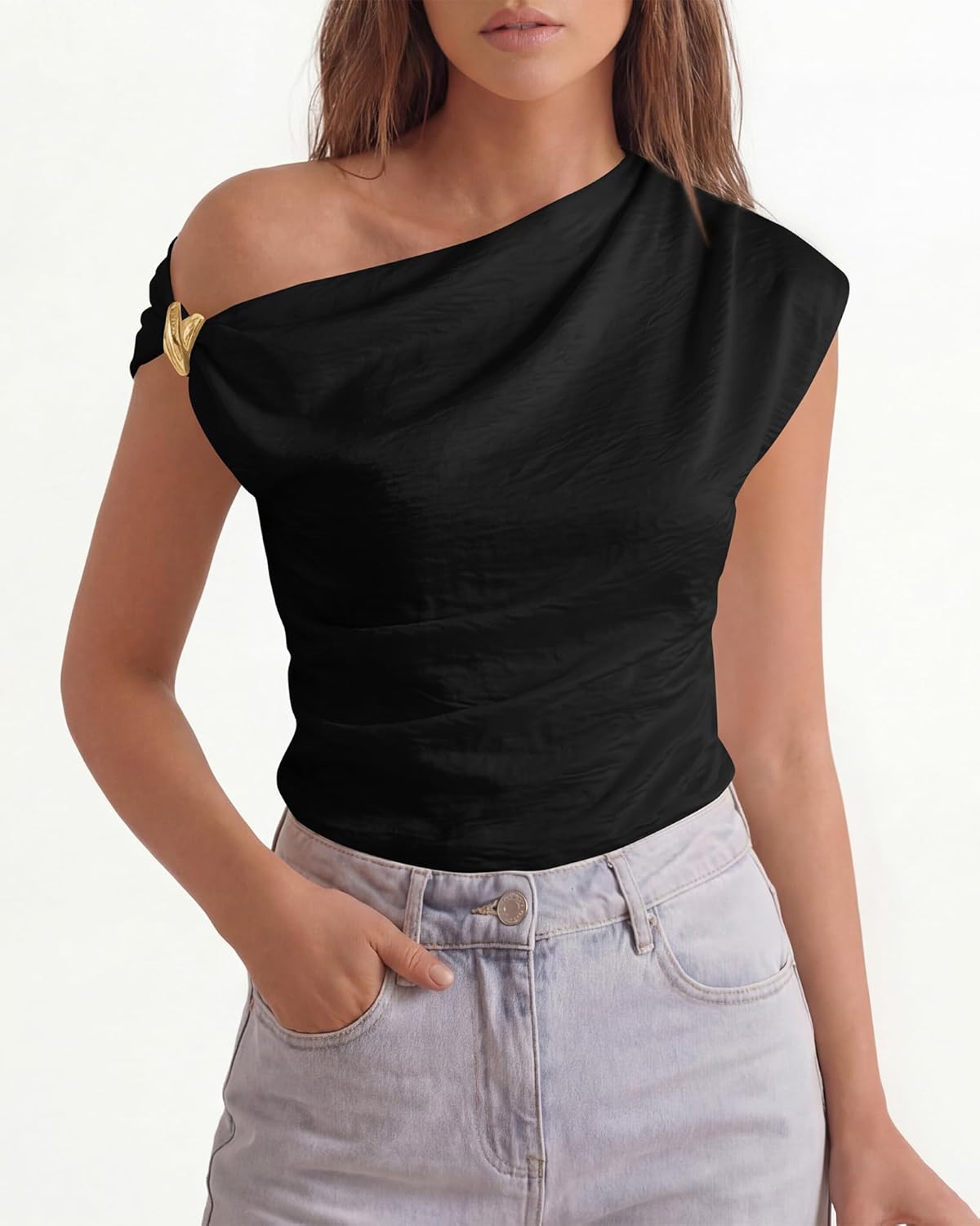 BTFBM Spring Tops for Women Trendy Off The Shoulder Top Sleeveless Ruched Going Out Solid Tank Blouses Fashion Clothing - Image 4