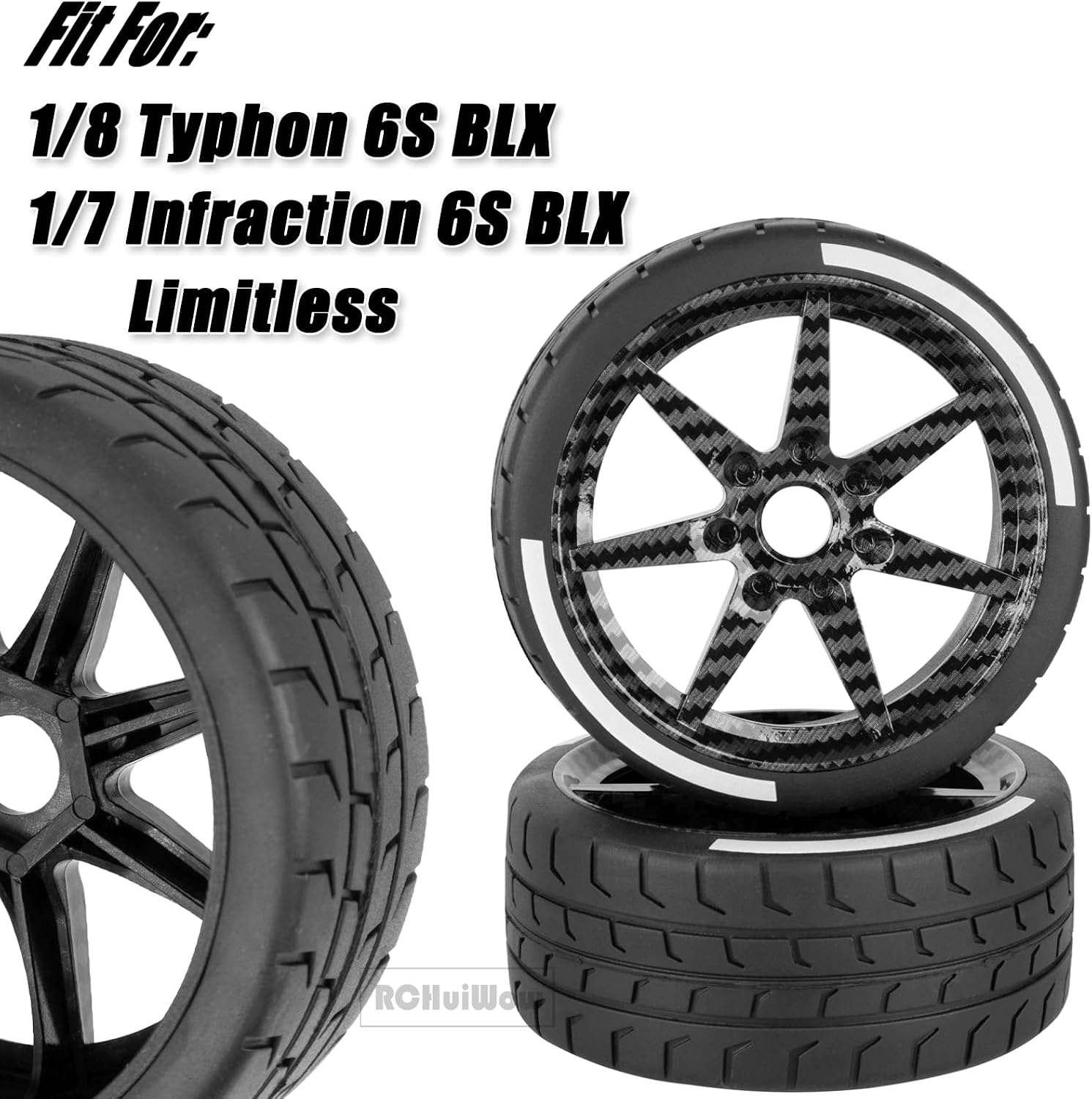 RC Wheels and Tires Buggy Tires for 1/8 Typhon 6S BLX,1/7 Infraction 6S BLX,Limitless,17mm Hex PreGlued RC Buggy Tires and Wheels with Foam Inserts,4pcs,Black Carbon Surface