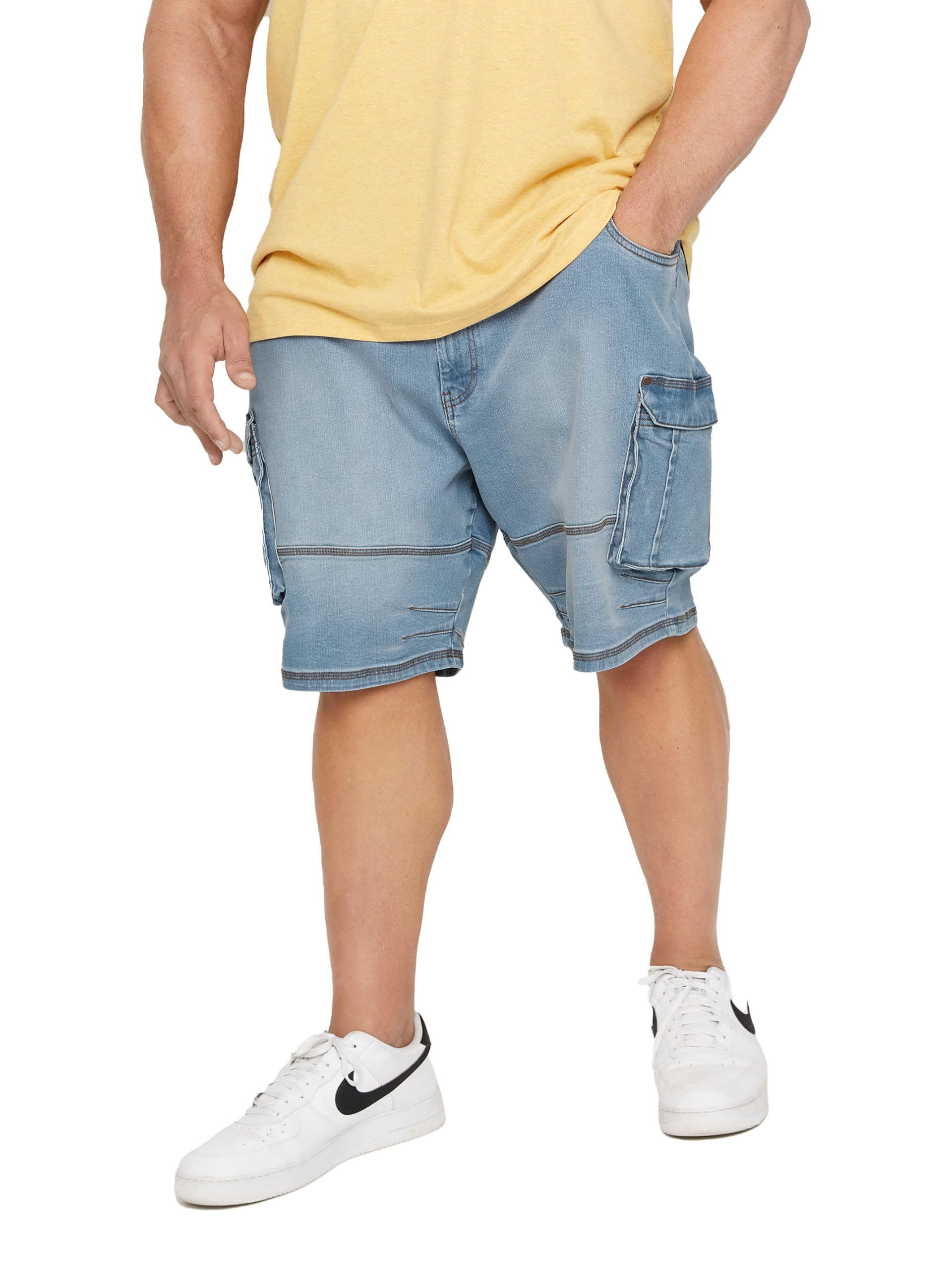Badrhino Men's Blue Big & Tall Light Wash Elasticated Waist Denim Cargo Shorts - Plus Size Curve