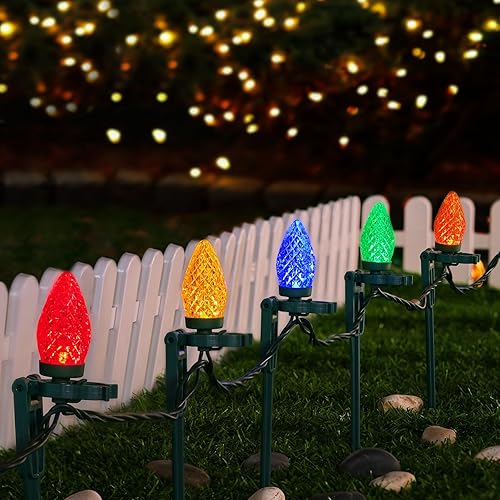 SURAIELEC Luces de camino de Navidad C9, luz de Navidad para exteriores de 25 pies con 25 estacas, 25 bombillas LED multicolores, cadena de luces