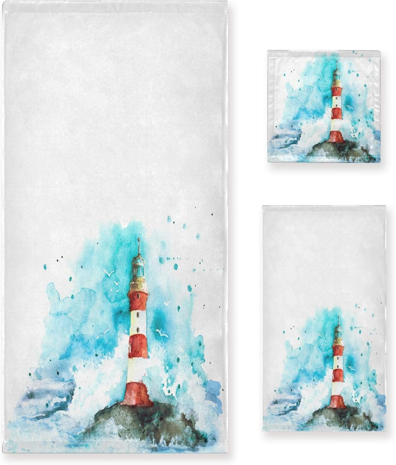 ALAZA Towel Bathroom Sets, Watercolor Red and White Lighthouse Towels 3-Piece 1 Bath Towel 1 Washcloth 1 Hand Towel, Bath Towel Set of 3 Soft Multifuntion for Home Kitchen Hotel Gym Swim Spa