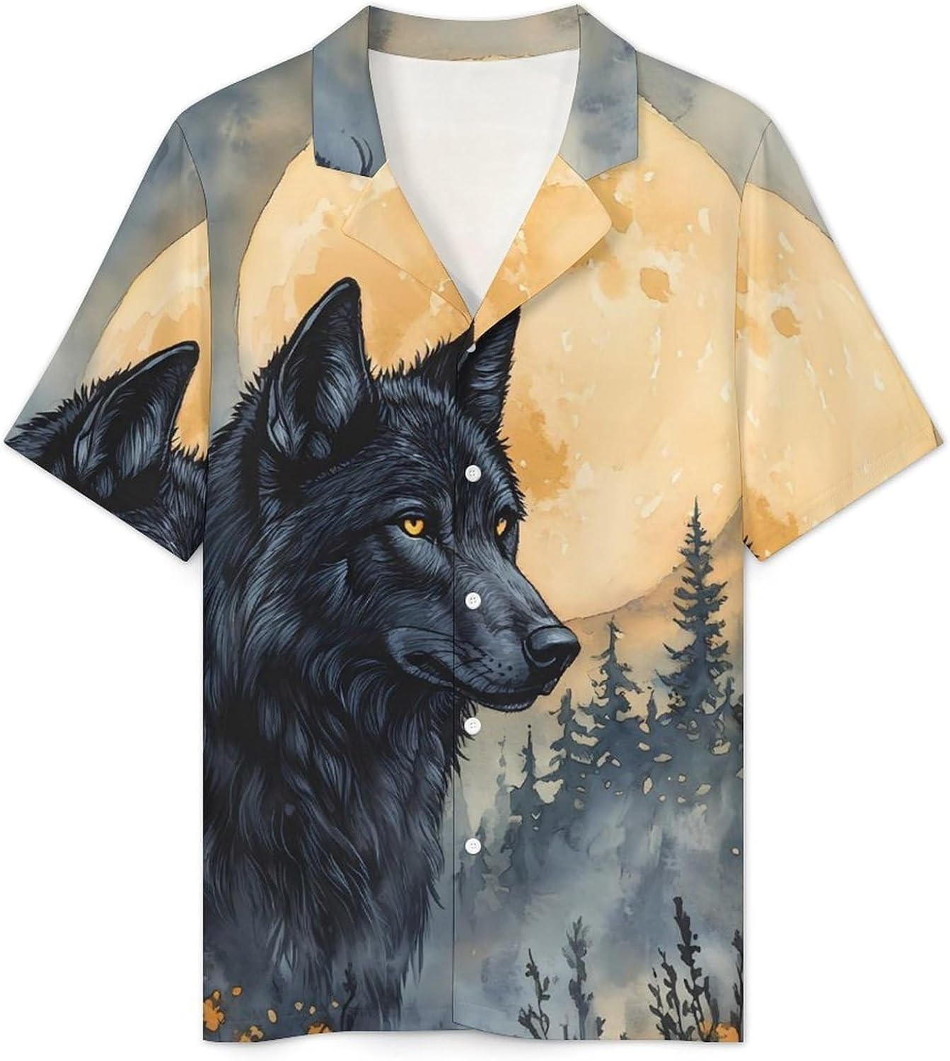 Black Wolf Full Moon Men's Short Sleeve Pajama Set Satin Silk Like Lounge Sleepwear