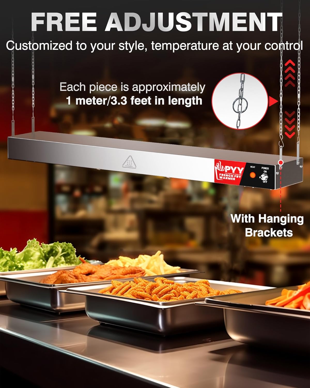PYY 36 Inch Food Heat Lamp Strip 500W Stainless Steel Commercial Food Warmer – Hanging Electric Heater for French Fries, Churros & Buffet Service – Ideal for Restaurants & Kitchens