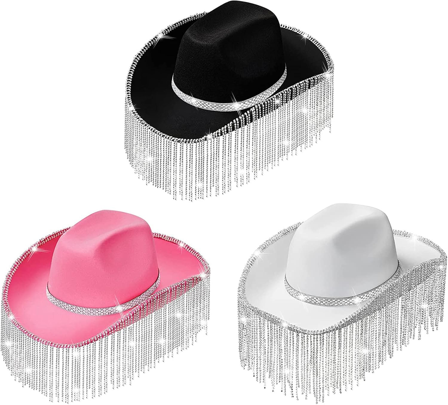 Cowboy Hat with Rhinestones Fringe Glitter Rave Cowgirl Hat 58cm/23 Cap Circumference Fit for Adults Women Three Color Cowbo