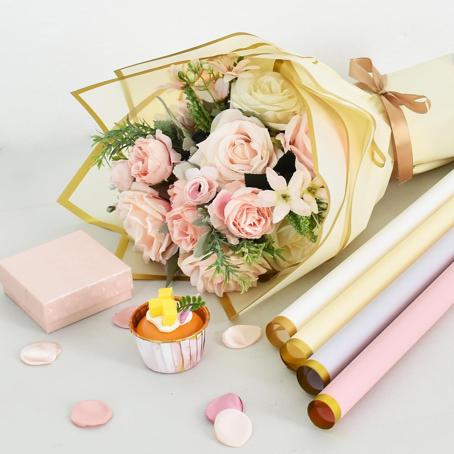 BEISHIDA Yellow Flower Wrapping Paper -20 Sheets, Floral Bouquet Wrapping Paper, Matte with Gold Edges, Perfect for Graduation Christmas Valentine's Day Birthdays Gift Packing