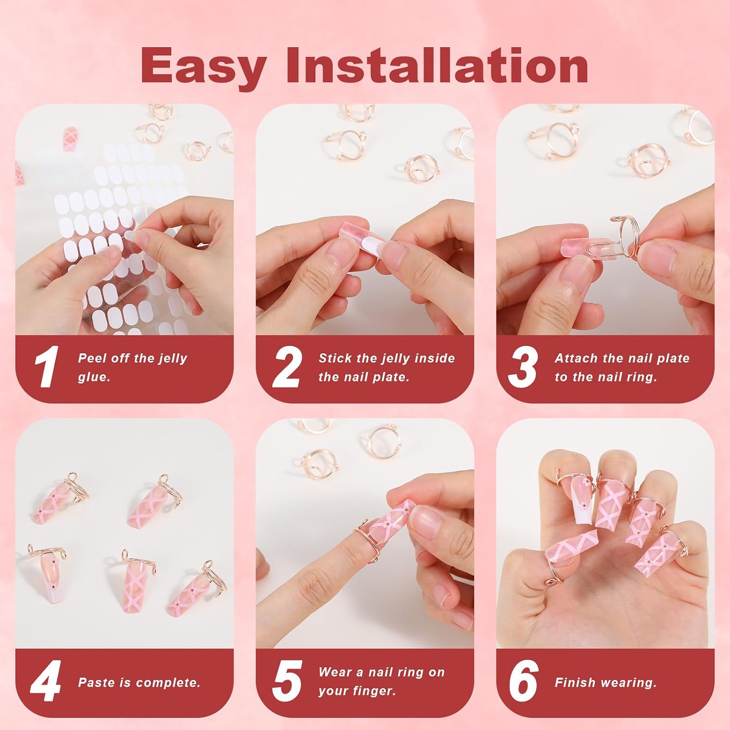 Tyqour 10Pcs Wudu Nail Rings with Nails Attached, Rose Gold Adjustable Metal Nail Rings for Women, Reusable Detachable Fingernail Rings, Perfect for Nail Art Set
